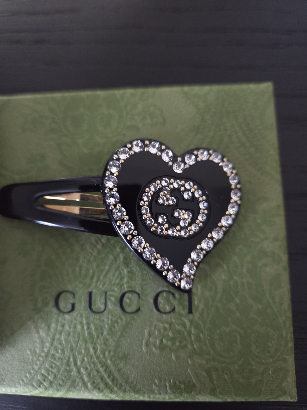 Gucci Black Heart Hair Clip with Crystal Logo